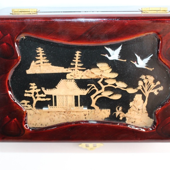 VTG Asian Pagoda Crane 3D Handcrafted Jewelry Décor Box #129 - Picture 2 of 8